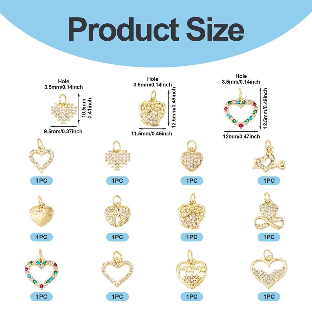 6329 12Pcs Brass 18K Gold Plated Heart Charms Cubic Zirconia Crystal Charms - Picture 7 of 7
